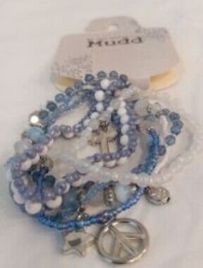 Mudd Light Blue and White Beaded Charm Bracelet Set